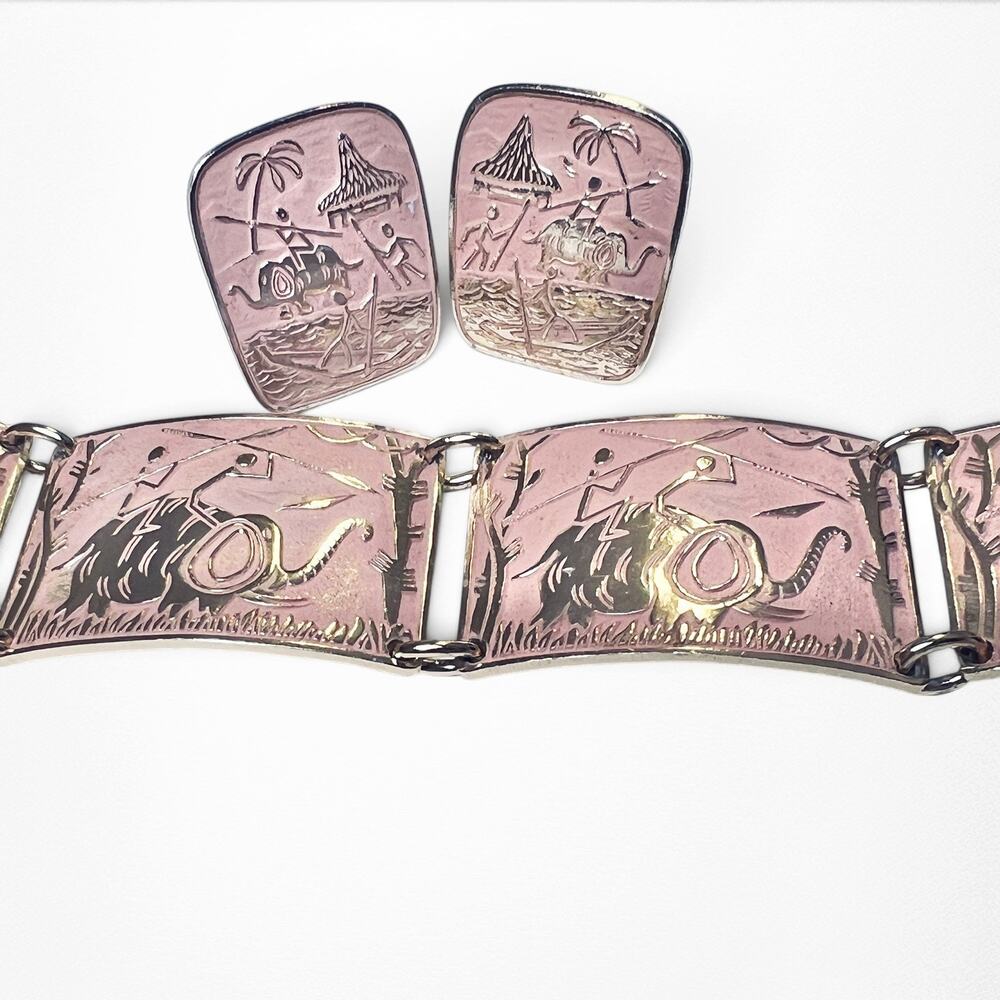 Vintage W Germany Bracelet Earrings Set Pink Gold Elephant Eloxal Aluminum MCM